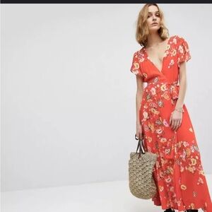 Free People Jess Wrap Dress in Red Combo size S euc